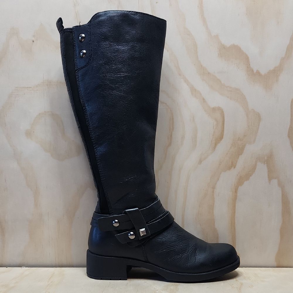 Earth Sequoia Black Tall Leather Boots Women 6 B Riding Moto Biker